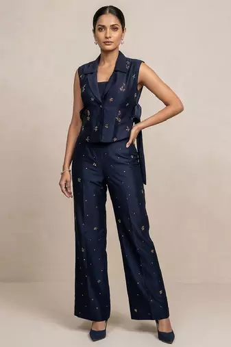 Navy blue block print raw silk co ord set