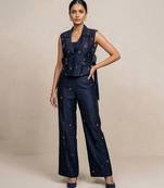 Navy blue block print raw silk co ord set