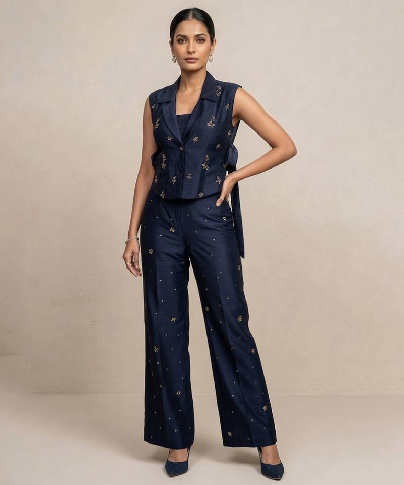 Navy blue block print raw silk co ord set