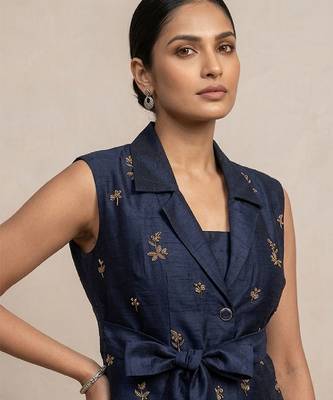 Navy blue block print raw silk co ord set 2