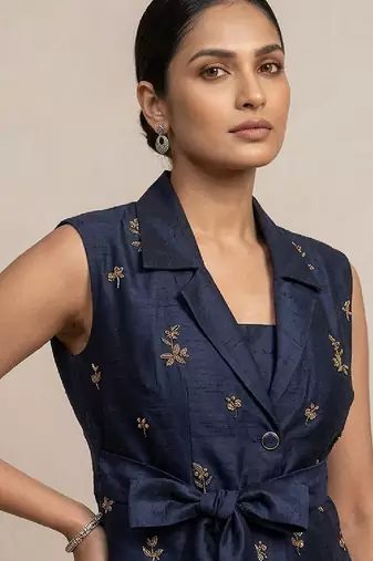 Navy blue block print raw silk co ord set