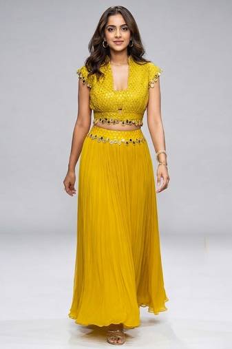 Mustard yellow mirror embroidered georgette co ord set