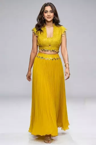 Mustard yellow mirror embroidered georgette co ord set