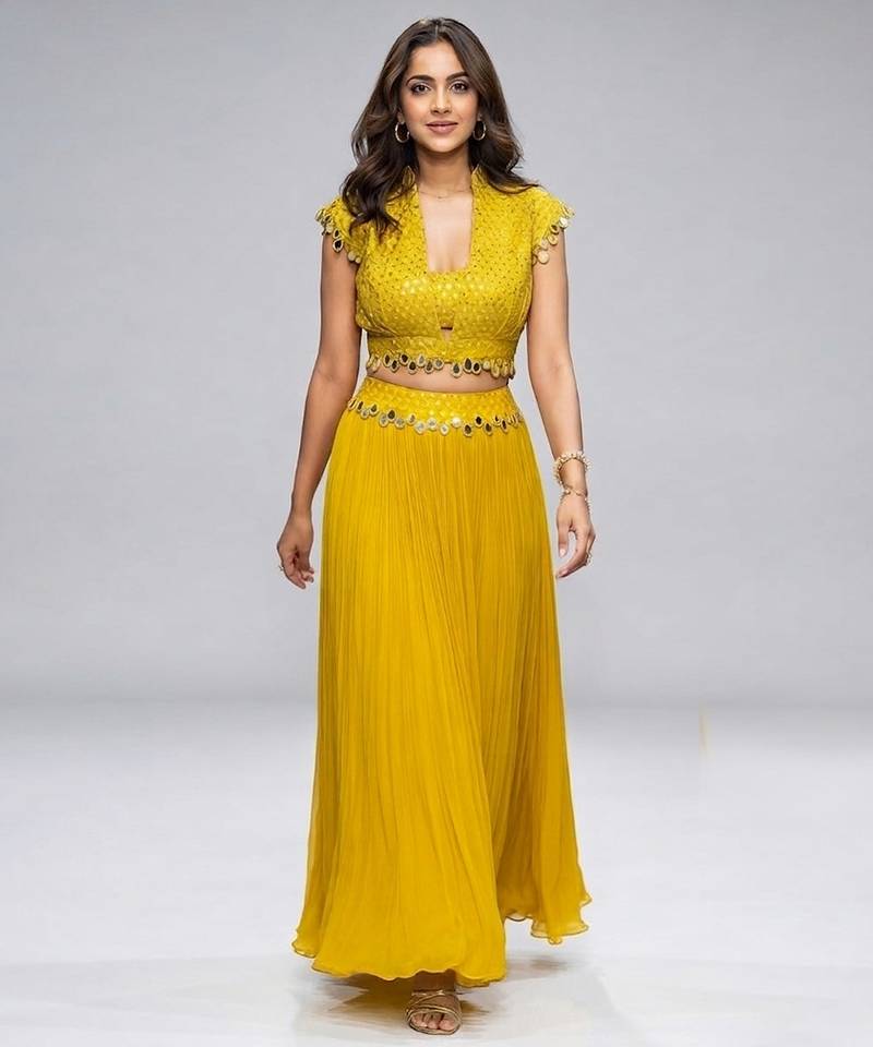 Mustard yellow mirror embroidered georgette co ord set