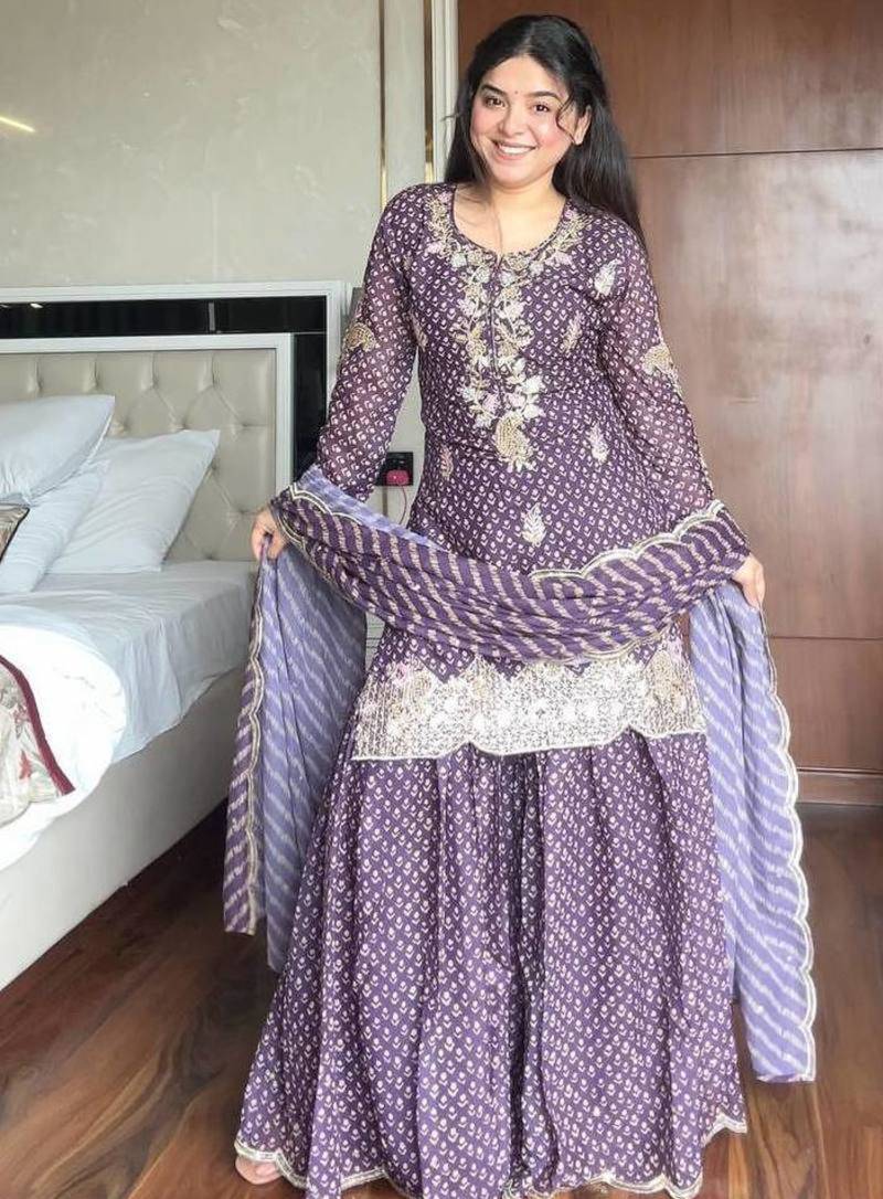 lilac printed chinon kurta and palazzo set