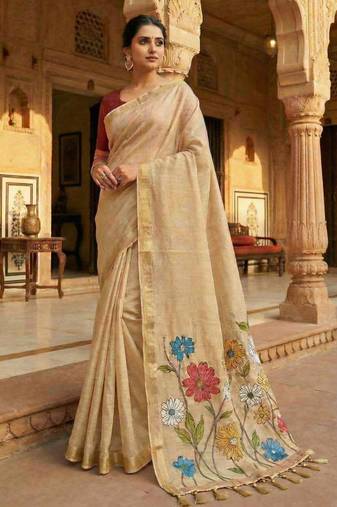 soft pure muga cotton  saree with meenakari  weaving  motifs and contrast blouse