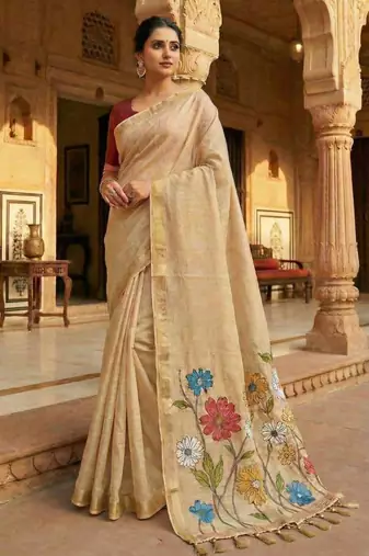 soft pure muga cotton  saree with meenakari  weaving  motifs and contrast blouse