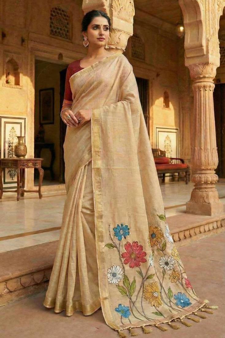 soft pure muga cotton  saree with meenakari  weaving  motifs and contrast blouse