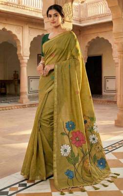 soft muga cotton saree with meenakari weaving motifs and contrast blouse 1