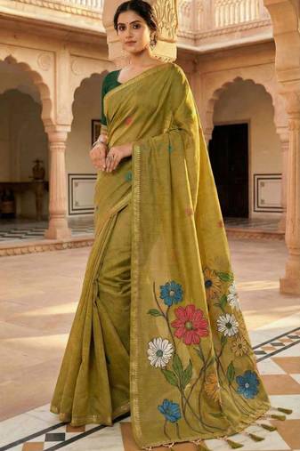 soft pure muga cotton  saree with meenakari  weaving  motifs and contrast blouse