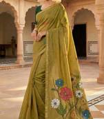 soft muga cotton saree with meenakari weaving motifs and contrast blouse