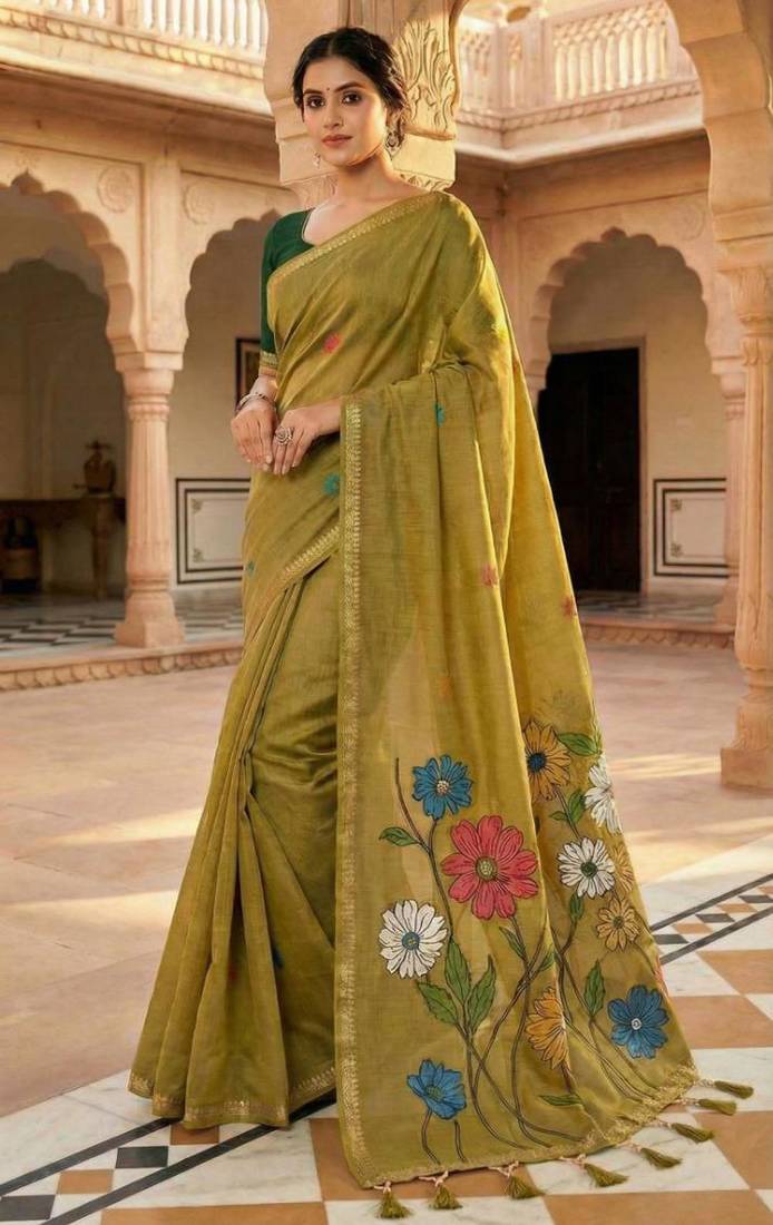 soft pure muga cotton  saree with meenakari  weaving  motifs and contrast blouse