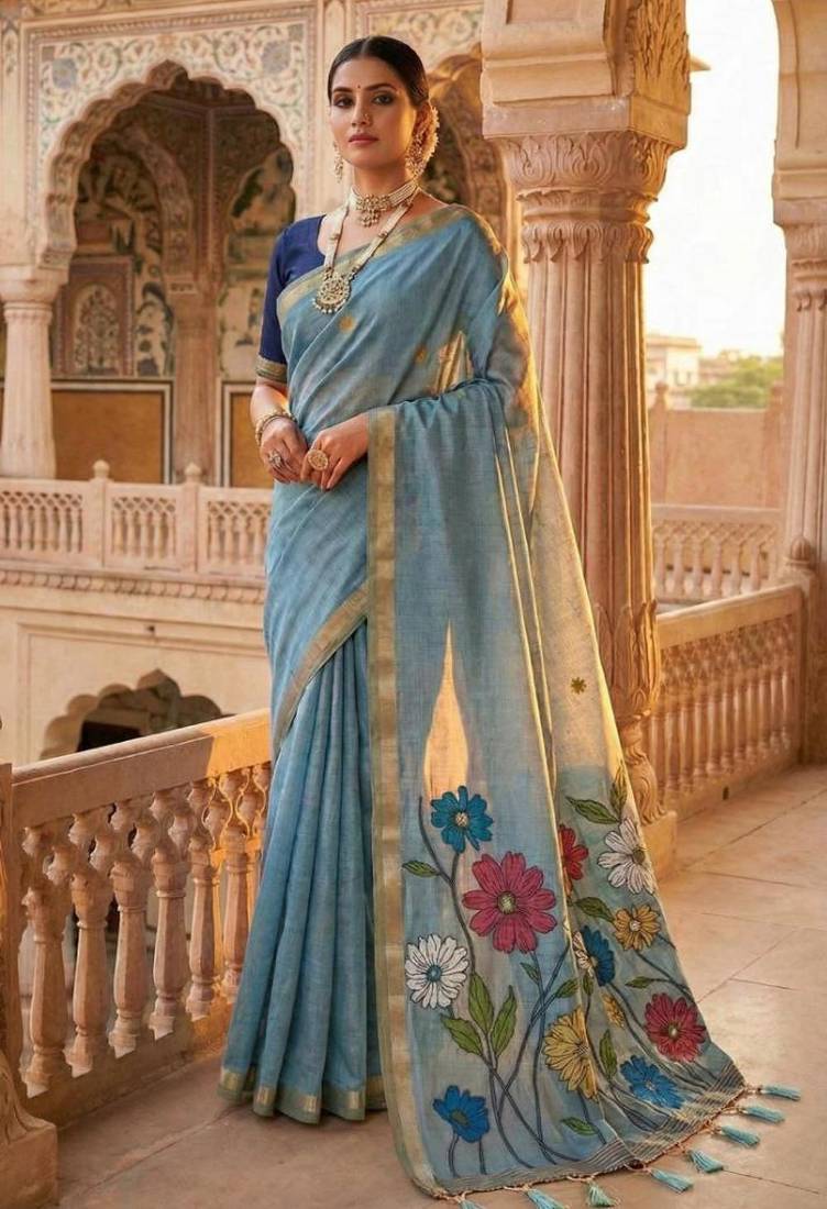 soft pure muga cotton  saree with meenakari  weaving  motifs and contrast blouse