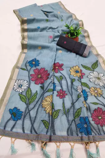 soft muga cotton saree with meenakari weaving motifs and contrast blouse