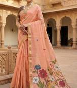soft muga cotton saree with meenakari weaving motifs and contrast blouse