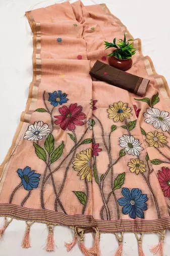 soft muga cotton saree with meenakari weaving motifs and contrast blouse