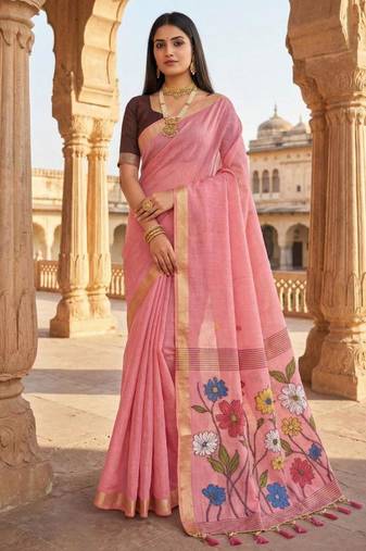 soft pure muga cotton  saree with meenakari  weaving  motifs and contrast blouse