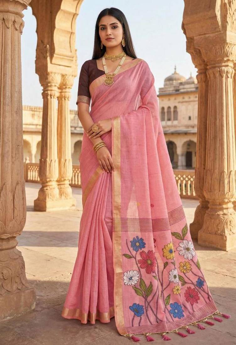 soft pure muga cotton  saree with meenakari  weaving  motifs and contrast blouse