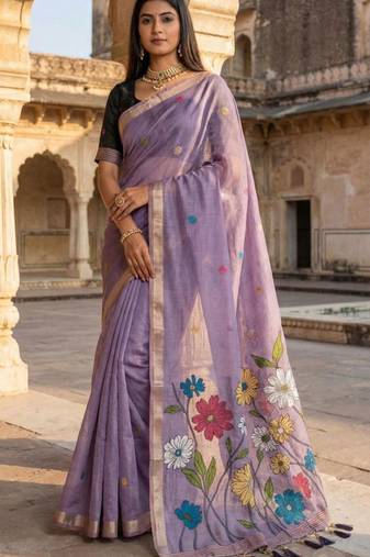 soft pure muga cotton  saree with meenakari  weaving  motifs and contrast blouse