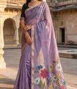 soft muga cotton saree with meenakari weaving motifs and contrast blouse