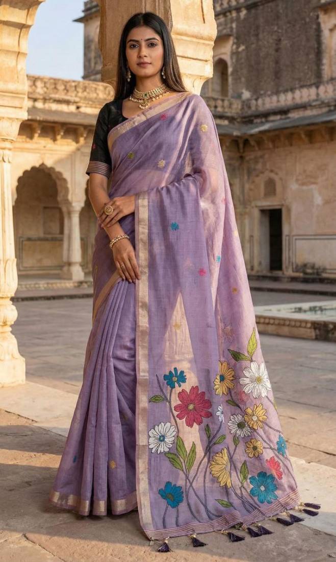 soft pure muga cotton  saree with meenakari  weaving  motifs and contrast blouse