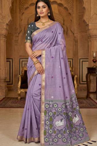 soft pure muga cotton  saree with meenakari  weaving  motifs and contrast blouse