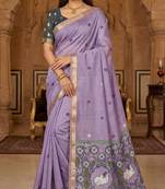 soft muga cotton saree with meenakari weaving motifs and contrast blouse