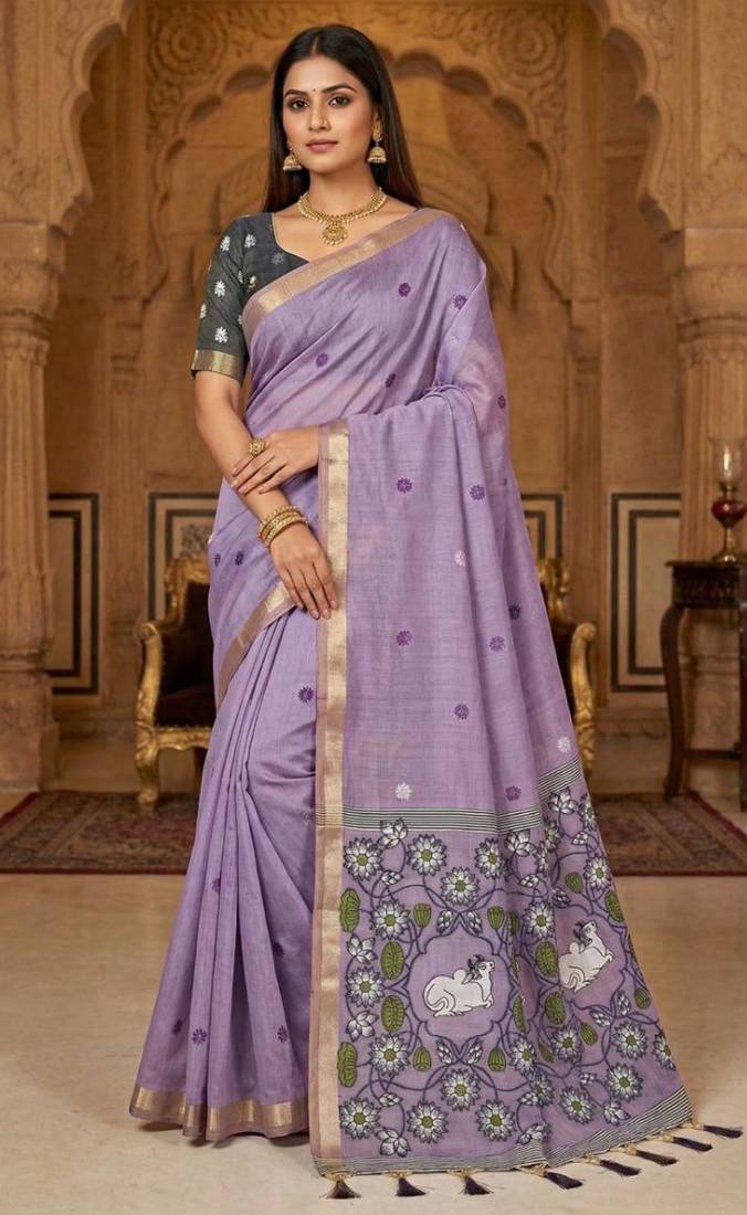 soft pure muga cotton  saree with meenakari  weaving  motifs and contrast blouse