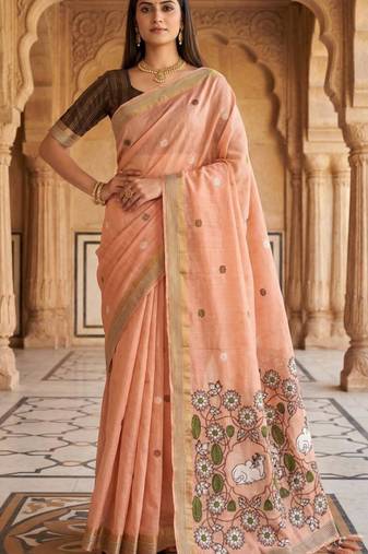 soft pure muga cotton  saree with meenakari  weaving  motifs and contrast blouse