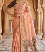 soft muga cotton saree with meenakari weaving motifs and contrast blouse