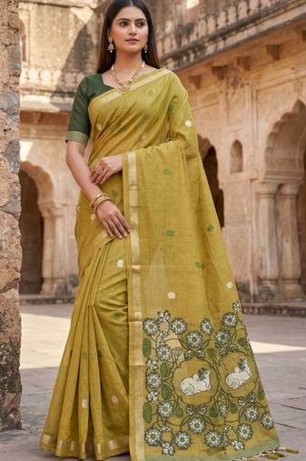 soft pure muga cotton  saree with meenakari  weaving  motifs and contrast blouse