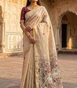 soft muga cotton  saree with meenakari  weaving  motifs and contrast blouse