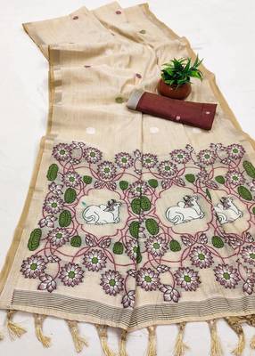 soft muga cotton saree with meenakari weaving motifs and contrast blouse 2