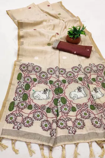 soft muga cotton saree with meenakari weaving motifs and contrast blouse