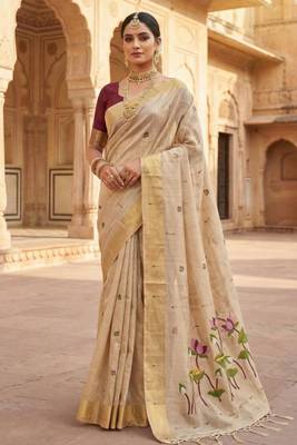 soft muga cotton saree with meenakari weaving motifs and contrast blouse 1
