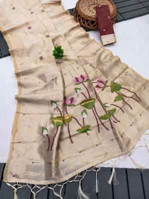 soft muga cotton saree with meenakari weaving motifs and contrast blouse 2