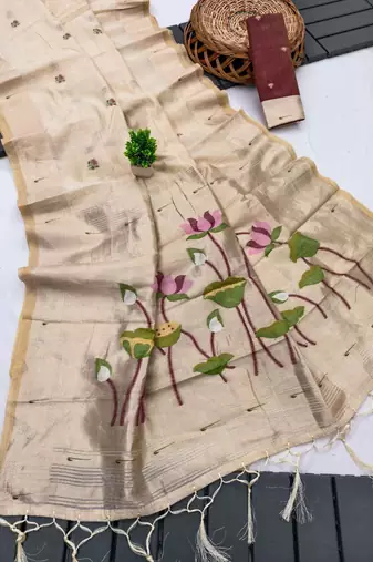 soft muga cotton saree with meenakari weaving motifs and contrast blouse
