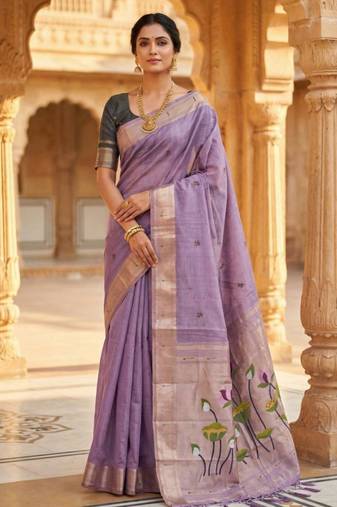 soft pure muga cotton  saree with meenakari  weaving  motifs and contrast blouse