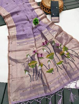 soft muga cotton saree with meenakari weaving motifs and contrast blouse 2