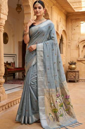 soft pure muga cotton  saree with meenakari  weaving  motifs and contrast blouse
