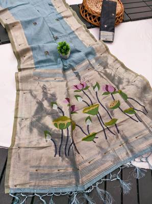 soft muga cotton saree with meenakari weaving motifs and contrast blouse 2