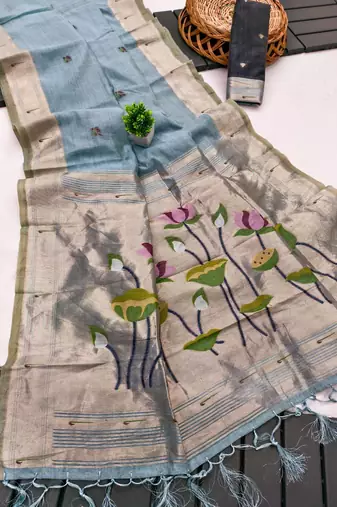 soft muga cotton saree with meenakari weaving motifs and contrast blouse
