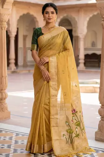 soft pure muga cotton  saree with meenakari  weaving  motifs and contrast blouse