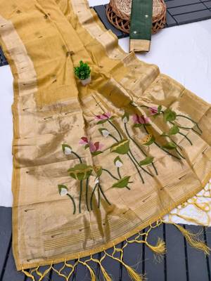 soft muga cotton saree with meenakari weaving motifs and contrast blouse 2