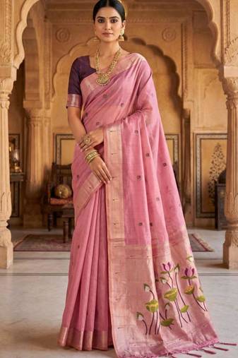 soft pure muga cotton  saree with meenakari  weaving  motifs and contrast blouse