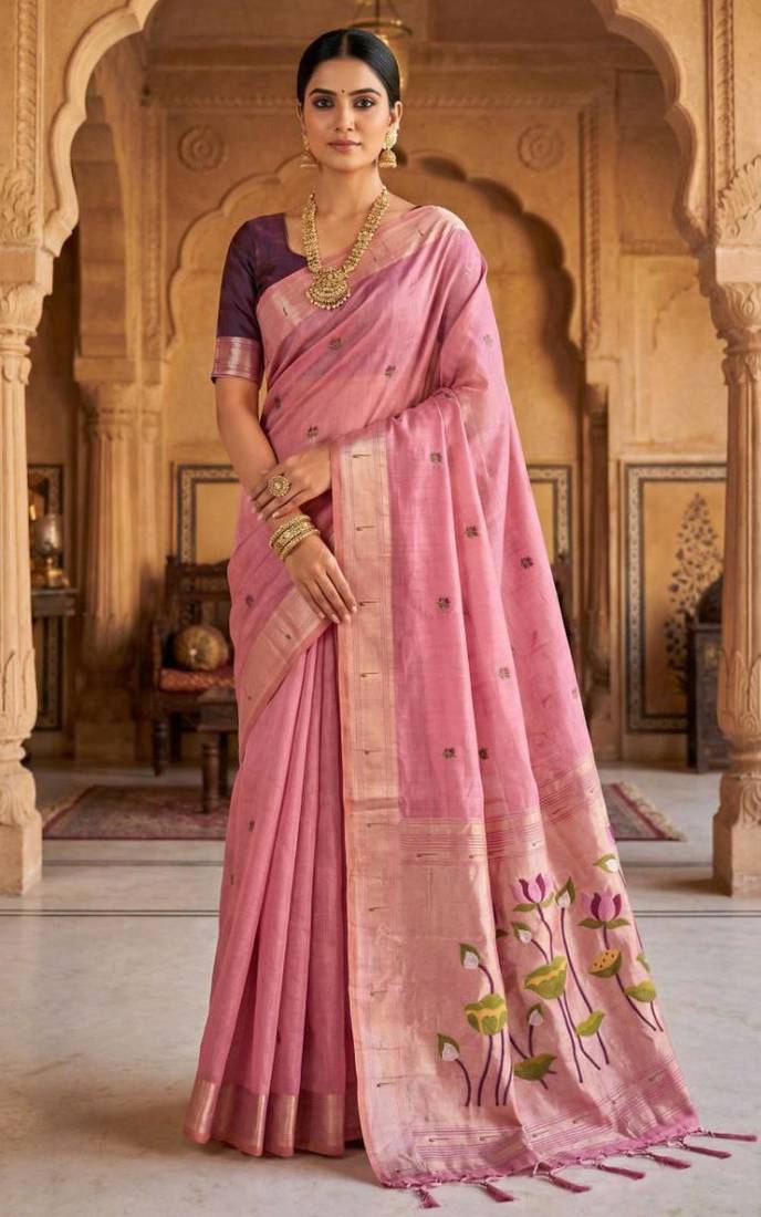 soft pure muga cotton  saree with meenakari  weaving  motifs and contrast blouse