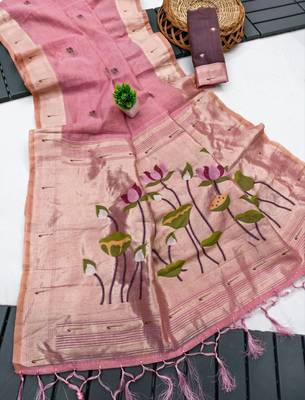 soft muga cotton saree with meenakari weaving motifs and contrast blouse 2