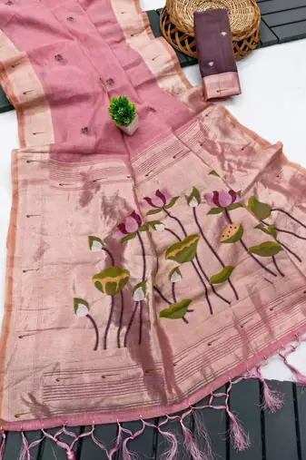 soft muga cotton saree with meenakari weaving motifs and contrast blouse