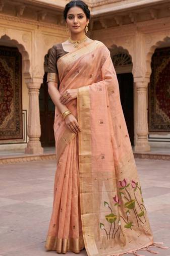 soft pure muga cotton  saree with meenakari  weaving  motifs and contrast blouse