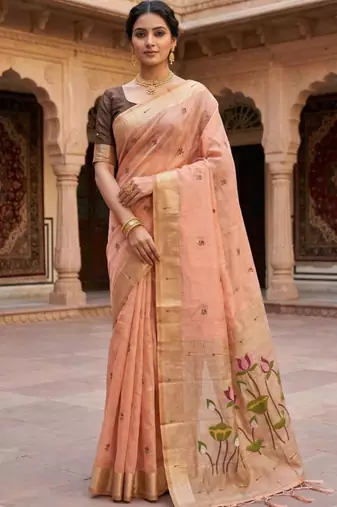 soft pure muga cotton  saree with meenakari  weaving  motifs and contrast blouse